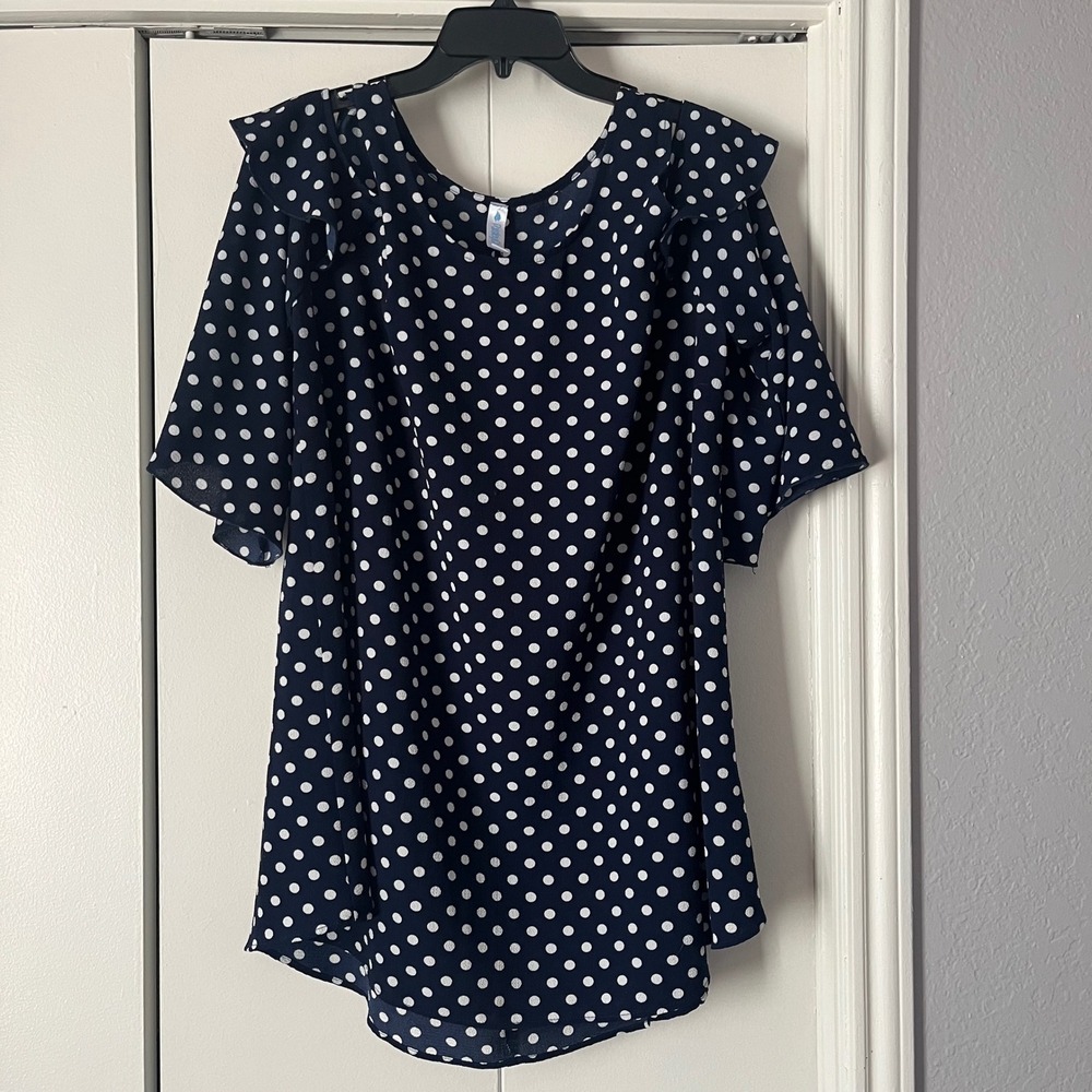 Paisley Grace Polka Dot‎ Cold Shoulder Ruffle Dress XL Navy White